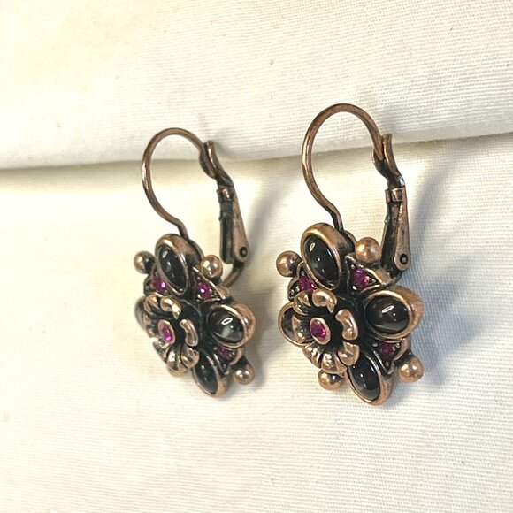 Joan Rivers Earrings * Copper Tone w/ Purple & Pink Rhinestones * Vintage * 1" - Picture 3 of 6